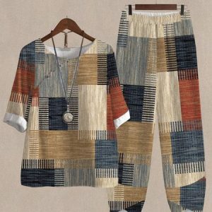 Loose Casual Geometric V Neck Two-Piece Set, Suit Set, color:Khaki|size:XXL, JustFashionNow