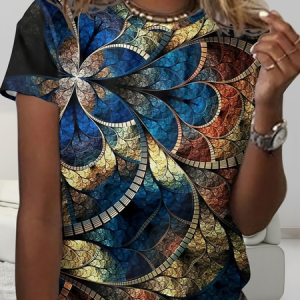 Women's Casual Abstract Crew Neck T-Shirt, color:Blue|size:3XL, Lilicloth.com
