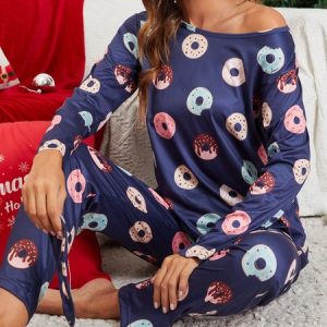 Loose Casual Regular Sleeve Crew Neck Geometric Pajama Set, Loungewear & Sleepwear, color:Blue|size:XL, JustFashionNow
