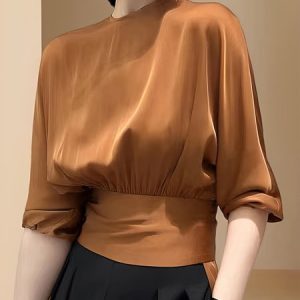 Regular Fit Elegant Plain Crew Neck Shirt, Blouses and Shirts, color:Yellow Brown|size:XXL, Stylewe