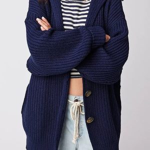 Casual Plain Loose V Neck Cardigan, Sweaters, color:Navyblue|size:XL, JustFashionNow