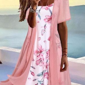 Floral Spaghetti Casual Loose Two-Piece Set, Casual Dresses, color:Pink|size:XXL, JustFashionNow