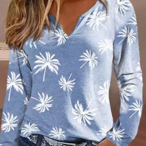 Casual Coconut Tree V Neck Long Sleeve T-shirt, T-shirts, color:Blue|size:XXL, catalog Noracora shop
