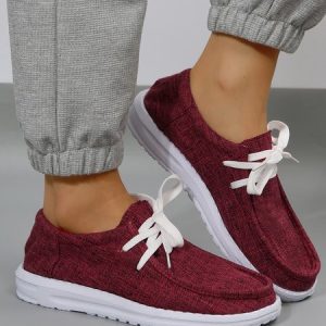Burgundy Canvas Movable Boat Flats, Flats, color:Wine Red|size:43, JustFashionNow