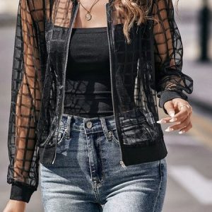 Plaid Pattern Zip Up Sheer Mesh Jacket, Jackets, color:Black|size:XXL, JustFashionNow