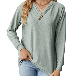 V Neck Long Sleeve Plain Regular Micro-Elasticity Loose Shirt For Women, Blouses, color:Dark Green|size:XXL, Noracora