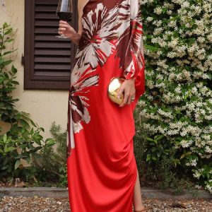 Loose Floral Vacation One Shoulder Dress, Maxi Dresses, color:Red|size:XXL, Stylewe