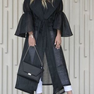 Urban Shawl Collar Plain Kimono With Belt, Kimonos, color:Black|size:XXL, Stylewe