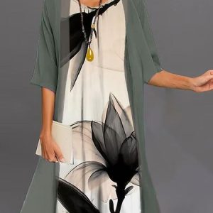 Women Floral Crew Neck Three Quarter Sleeve Comfy Casual Top With Pants Two-Piece Set, Sets, color:Khaki|size:3XL, Noracora