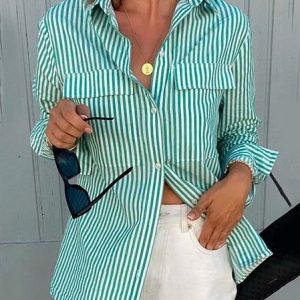 Shirt Collar Striped Loose Casual Blouse, Shirts & Blouses, color:Green|size:XXL, JustFashionNow