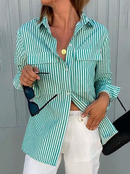 Shirt Collar Striped Loose Casual Blouse, Shirts & Blouses, color:Green|size:XXL, JustFashionNow
