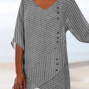Buckle V Neck Vacation Striped Shirt, Blouses, color:Gray|size:XXL, Noracora