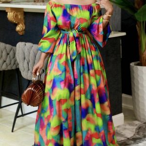 Plus Size Loose Color Block Vacation Dress With Belt, Plus Dresses, color:Multicolor|size:4X, Stylewe