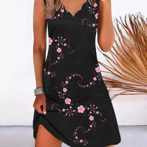 Floral Casual Sleeveless Dress, Short, color:Black|size:XXL, Noracora
