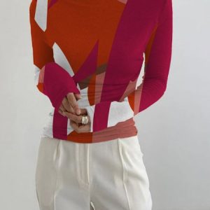 Boat Neck Urban Color Block Long Sleeve Tight T-Shirt, Tees, color:Multicolor|size:XXL, Stylewe