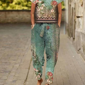 Plus Size Casual Crew Neck Jersey Two-Piece Set, Suit Set, color:Green|size:4X, JustFashionNow