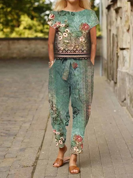 Plus Size Casual Crew Neck Jersey Two-Piece Set, Suit Set, color:Green|size:4X, JustFashionNow