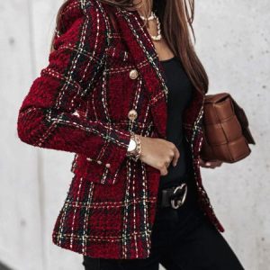 Long sleeve Regular Fit Plaid Lapel Collar Jacket, Jackets, color:Red|size:XXL, Stylewe