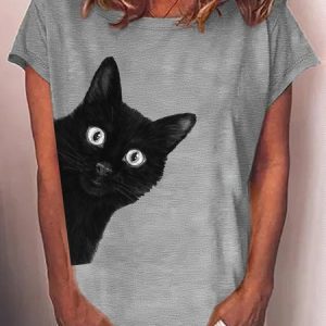 Women's Black cat Print Crew Neck Casual T-Shirt, T-shirts, Lilicloth.com