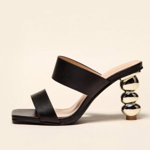 Metal Round Shaped High Heel Sandals, Slippers, color:Black|size:42, Stylewe