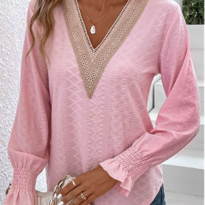 Loose Casual V Neck Plain Shirt, Shirts & Blouses, color:Pink|size:XXL, JustFashionNow