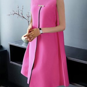 Elegant Regular Fit Color Block Crew Neck Dress, Mini Dresses, color:Rose Red|size:XXL, Stylewe