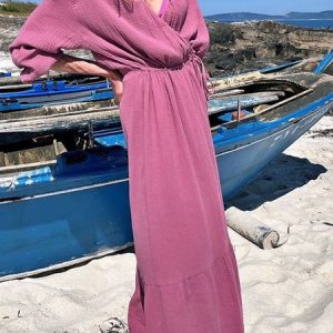 Women Plain V Neck Long Sleeve Comfy Simple Maxi Dress, Maxi, color:Deep Red|size:XL, Noracora