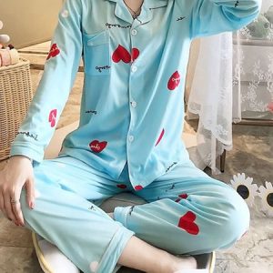 Elegant Shawl Collar Cotton-Blend Pajama Set, Pajamas, color:Sky Blue|size:XXL, Noracora