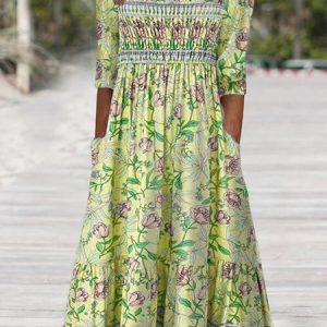 Loose Vacation Crew Neck Floral Women's Half Sleeve Scoop Neck Graphic Floral Printed Midi Dress, Dresses, color:Yellow|size:XXL, JustFashionNow