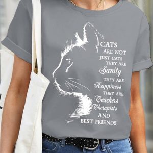Women Letter Waterproof Oilproof Stainproof Fabric Cute Cat Crew Neck T-Shirt, color:Gray|size:3XL, Lilicloth.com