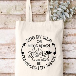 Side By Side Or Miles Apart Sisters Will Always Be Connected By Heart Shopping Tote Bag, color:White|size:One-size, Lilicloth.com