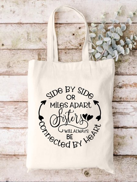 Side By Side Or Miles Apart Sisters Will Always Be Connected By Heart Shopping Tote Bag, color:White|size:One-size, Lilicloth.com