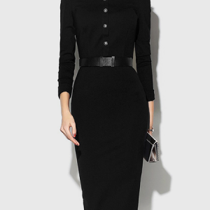 Regular Fit Stand Collar Three Quarter Elegant Dress, Midi Dresses, color:Black|size:XXL, Stylewe