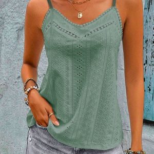 Lace Casual V Neck Plain Eyelet Cami, Tanks & Camis, color:Green|size:XXL, JustFashionNow