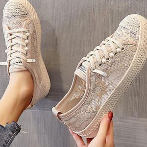 Vintage Lace Lace-Up Flat Heel Slip On, Sneakers&Athletic, color:Apricot|size:40, Noracora