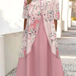 Buttoned Crew Neck Casual Floral Dress, Dresses, color:Pink|size:XXL, JustFashionNow