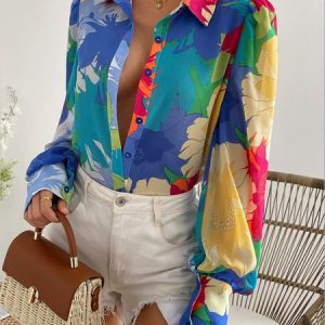 Shirt Collar Loose Vacation Floral  Print Blouse, Blouses and Shirts, color:Blue|size:XXL, Stylewe