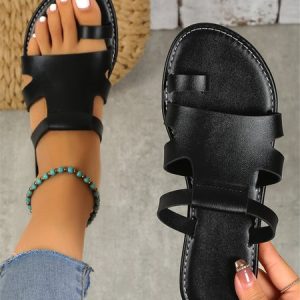 Hollow Toe Ring Vintage Slide Sandals, Sandals, color:Black|size:43, Noracora
