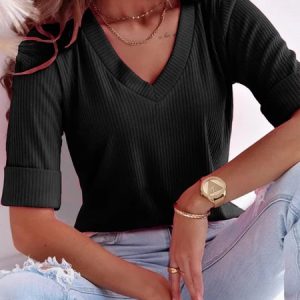 Casual V Neck Plain T-Shirt, TOPS, color:Black|size:4X, Noracora