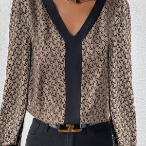 V Neck Long Sleeve Geometric Regular Loose Shirt For Women, Blouses, color:Coffee|size:XXL, Noracora