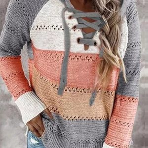 Color-Block Shift Long Sleeve Casual Tunic Sweater Knit Jumper, Sweaters, color:pink-gray|size:XXL, Noracora