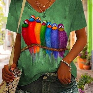 V Neck Color Block Loose Casual T-Shirt, T-Shirts, color:Green|size:XXL, JustFashionNow