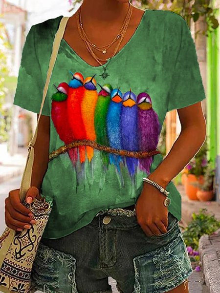 V Neck Color Block Loose Casual T-Shirt, T-Shirts, color:Green|size:XXL, JustFashionNow