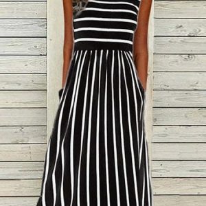 Women Striped Crew Neck Sleeveless Comfy Casual Maxi Dress, Maxi, color:Black|size:XXL, catalog Noracora shop