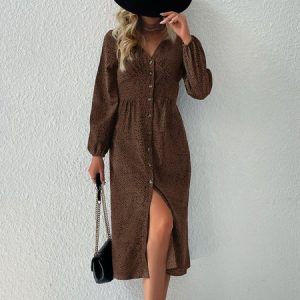 Women Polka Dots V Neck Long Sleeve Comfy Casual Midi Dress, Midi, color:Brown|size:XL, Noracora
