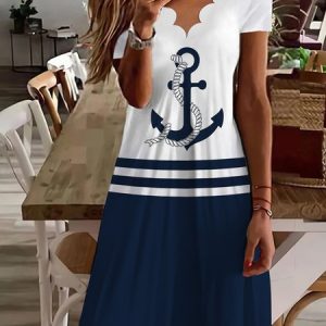 Casual Anchor Sea Loose V Neck Dress, Dresses, color:Dark Blue|size:XXL, JustFashionNow