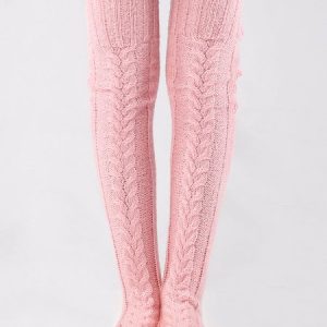 Solid Color Coarse Knit Warm and Windproof Home Knee Socks, Socks, color:Pink|size:One-size, JustFashionNow