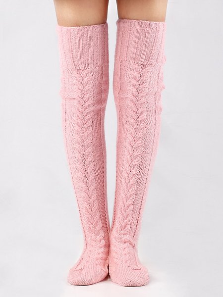 Solid Color Coarse Knit Warm and Windproof Home Knee Socks, Socks, color:Pink|size:One-size, JustFashionNow
