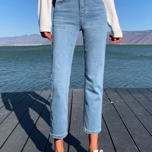 Casual Plain Buckle Pockets Jeans, Denim&Jeans, color:Light Blue|size:5XL, Noracora