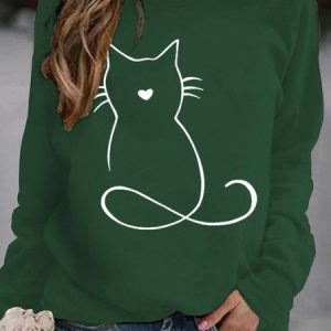 Casual Crew Neck Cat Sweatshirt, Hoodies & Sweatshirts, color:Green|size:3XL, Noracora